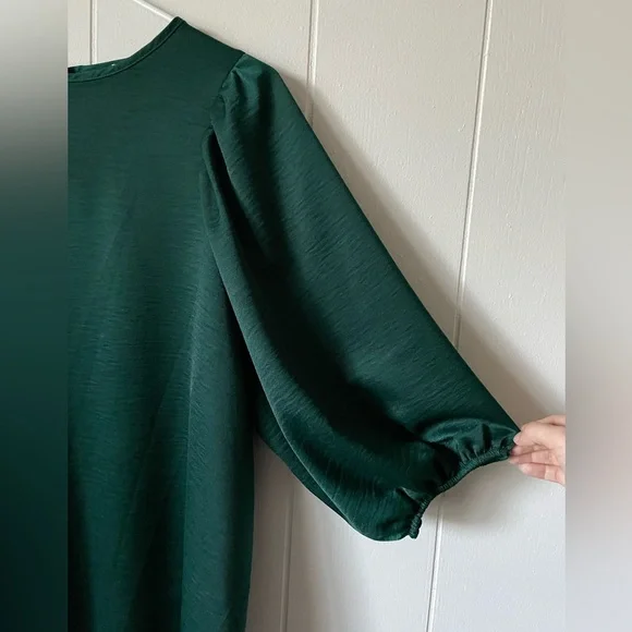 Dark Green Silky Style Look Puff Sleeve Blouse - Picture 5 of 7